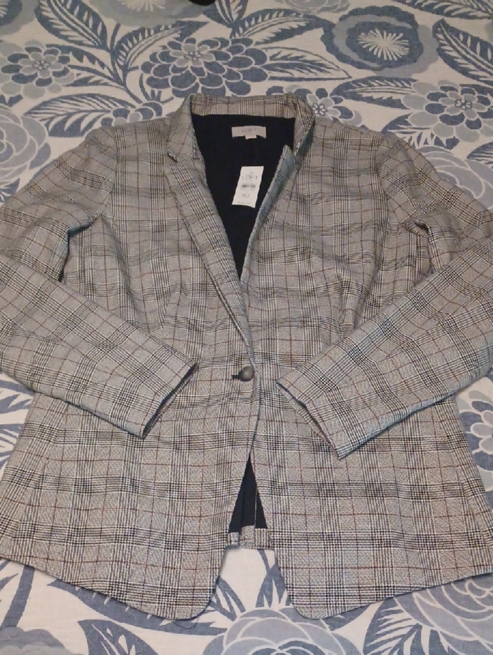 Loft Checkered Single-Button Women's Blazer Gray Size 10 Office Attire Rayon New